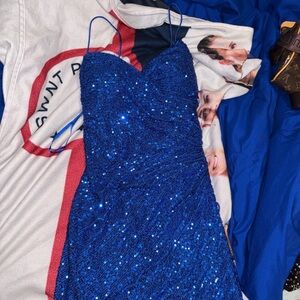 Blue Sequin Spaghetti Strap Dress